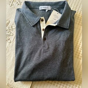 NWT- KUYIGO MENS XL GREY POLO W/WHITE TRIM AROUND SLEEVE AND COLLAR ATHLETIC FIT